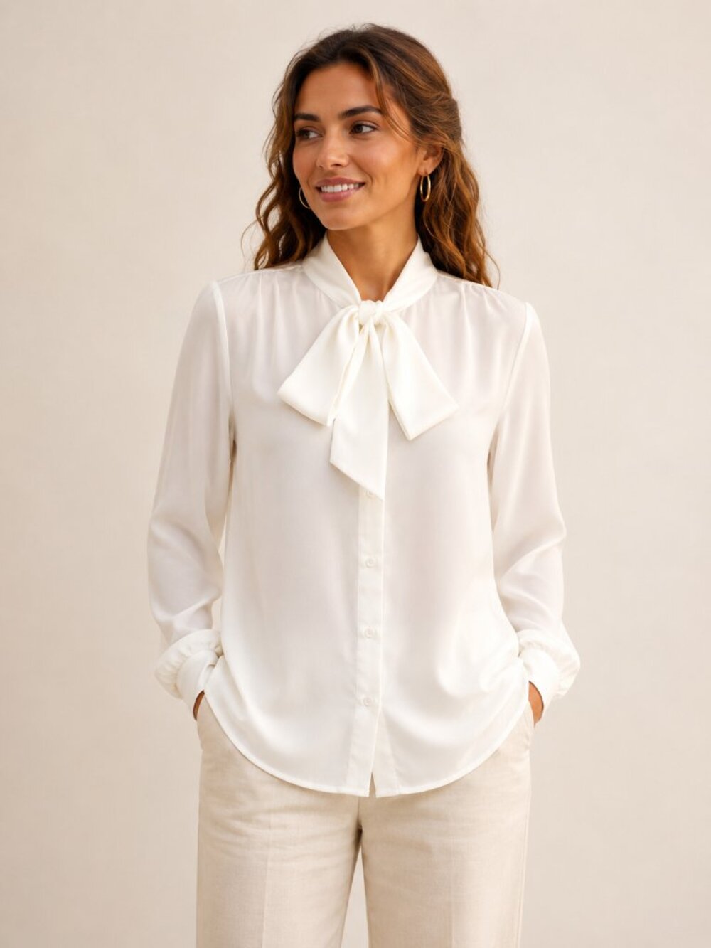 Elegant White Bow Neck Long Sleeve Blouse Feminine Dressy Top